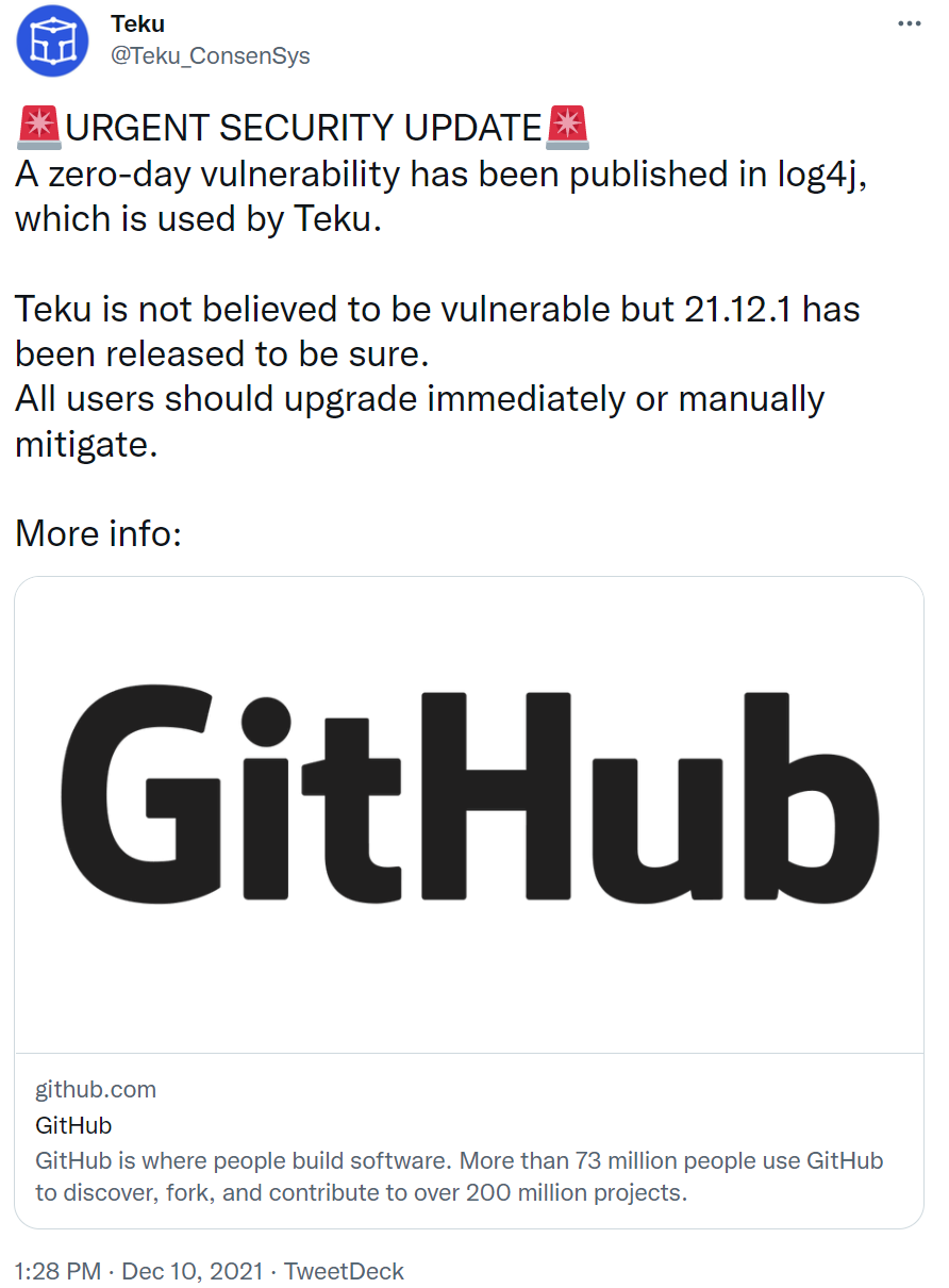 以太坊2.0客户端Teku发布紧急安全更新版本V21.12.1，所有用户都应立即升级插图